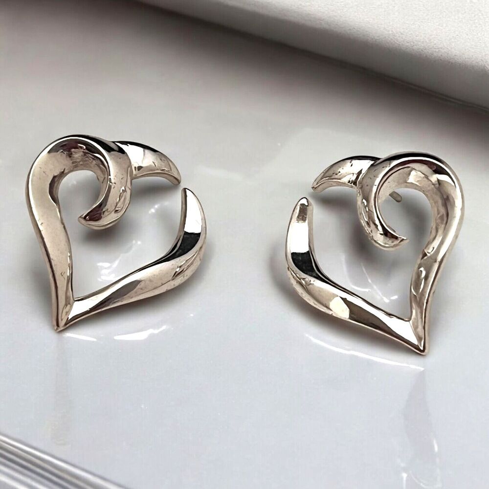 Vintage 1980s Open Heart Earrings Silver Tone Sculptural Pierced - 11D